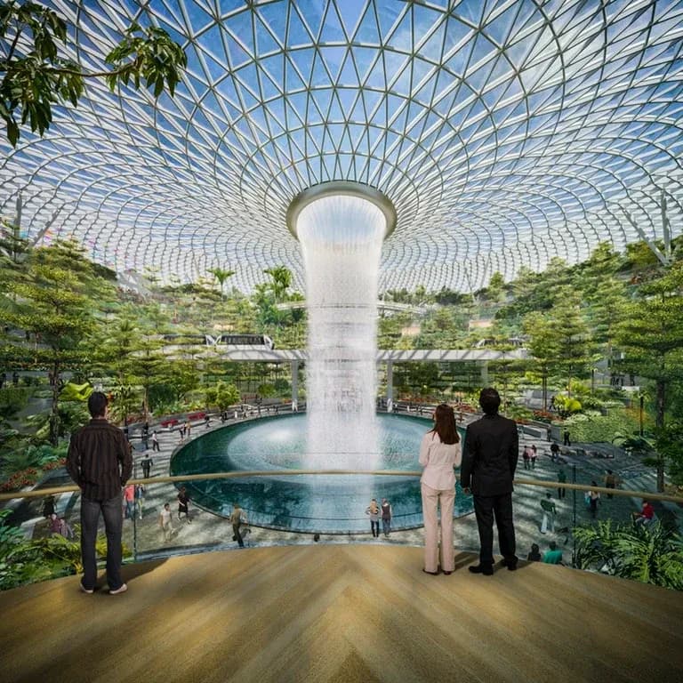 Центральным элементом сингапурского аэропорта Jewel Changi, спроектированного архитектурной фирмой Моше Сафди (Moshe Safdie’s) станет самый высокий в мире искусственный 40-метровый крытый водопад. Центральным элементом сингапурского аэропорта Jewel Changi, спроектированного архитектурной фирмой Моше Сафди (Moshe Safdie’s) станет самый высокий в мире искусственный 40-метровый крытый водопад.