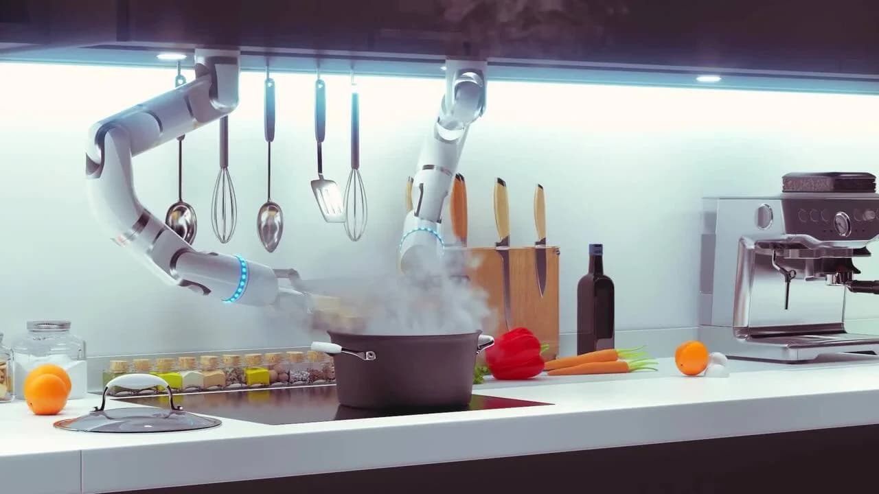 На изображении представлена автоматизированная роботизированная кухня Moley Robot Chef. Система включает в себя роботизированные манипуляторы, способные готовить пищу по заданным рецептам. На изображении представлена автоматизированная роботизированная кухня Moley Robot Chef. Система включает в себя роботизированные манипуляторы, способные готовить пищу по заданным рецептам.