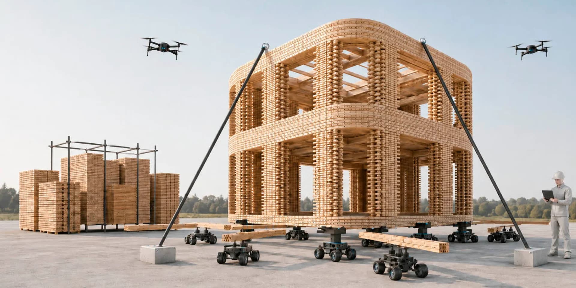 Визуализация роботизированного процесса сборки SWIFT-BUILD. Автономные мобильные платформы монтируют деревянный каркас методом «сверху вниз», а дроны и интеллектуальные системы контролируют геометрию конструкции. Изображение предоставлено Foster + Partners. Визуализация роботизированного процесса сборки SWIFT-BUILD. Автономные мобильные платформы монтируют деревянный каркас методом «сверху вниз», а дроны и интеллектуальные системы контролируют геометрию конструкции. Изображение предоставлено Foster + Partners.