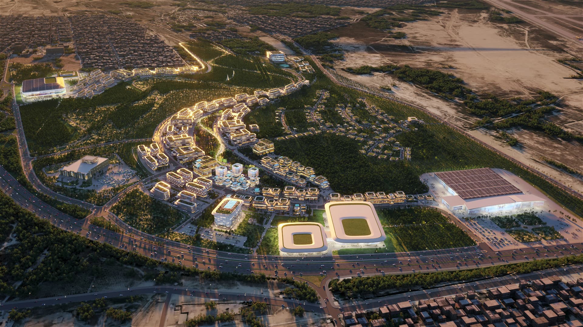 Мастер-план Baku Expo City на 198 гектаров. Архитекторы отказались от классической сетки улиц: светящиеся артерии новых кварталов органично вплетены в существующий сосновый массив. Изображение: Zaha Hadid Architects Мастер-план Baku Expo City на 198 гектаров. Архитекторы отказались от классической сетки улиц: светящиеся артерии новых кварталов органично вплетены в существующий сосновый массив. Изображение: Zaha Hadid Architects
