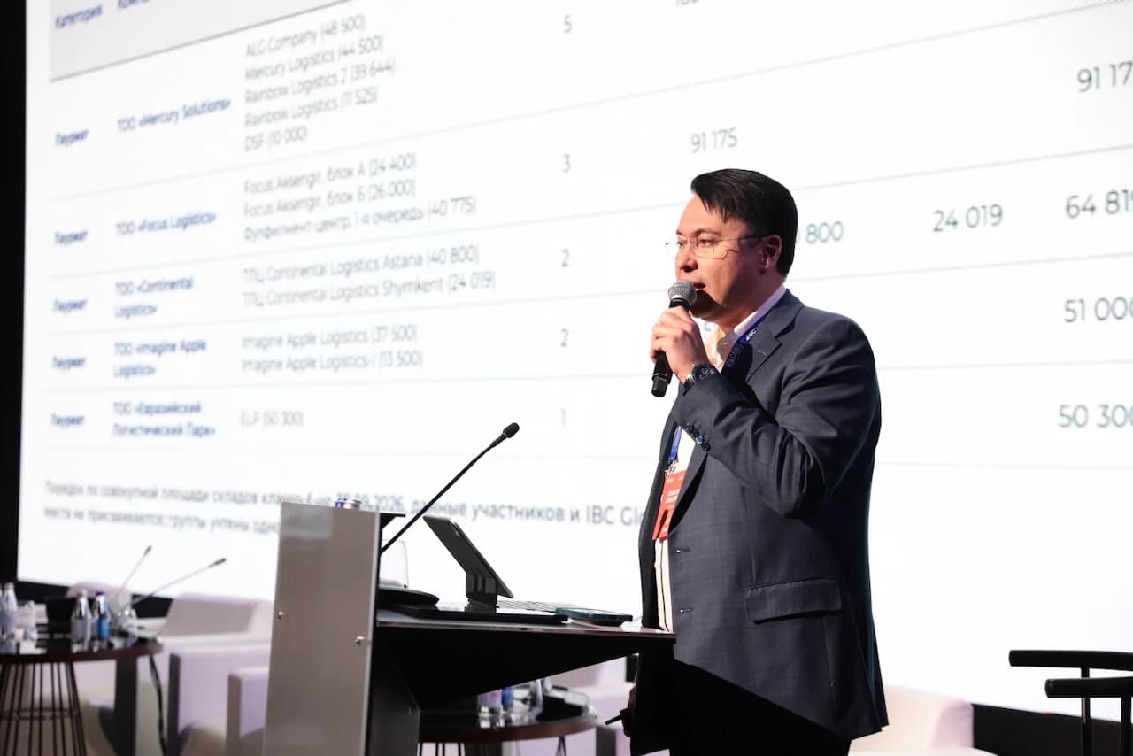 Станислав Ахмедзянов, управляющий партнер консалтинговой компании IBC Global, выступает перед аудиторией на фоне экрана с презентацией рейтинга собственников складов Станислав Ахмедзянов, управляющий партнер консалтинговой компании IBC Global, выступает перед аудиторией на фоне экрана с презентацией рейтинга собственников складов