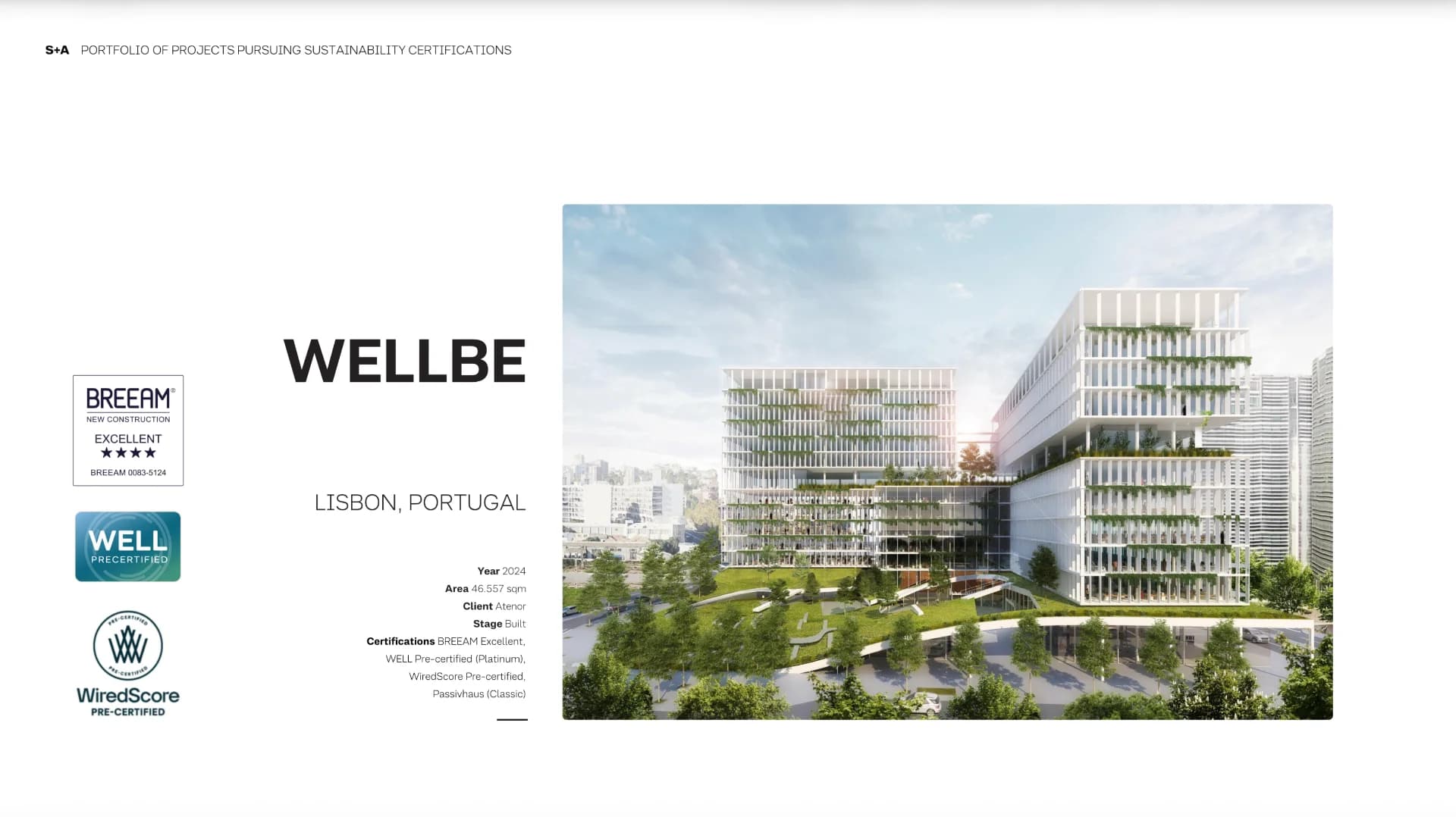 Объект Wellbe площадью около 30 000 квадратных метров, ввод которого запланирован на вторую половину 2026 года, воплощает концепцию архитектуры будущего. Комплекс, который станет новой штаб-квартирой банка Caixa Geral de Depósitos, прошел пресертификацию BREEAM Excellent, WELL Platinum и соответствует стандартам Passivhaus. Инженерные решения позволяют достигать радикального снижения энергопотребления, превращая здание в высокотехнологичный механизм, надежно защищенный от морального устаревания на десятилетия вперед. Объект Wellbe площадью около 30 000 квадратных метров, ввод которого запланирован на вторую половину 2026 года, воплощает концепцию архитектуры будущего. Комплекс, который станет новой штаб-квартирой банка Caixa Geral de Depósitos, прошел пресертификацию BREEAM Excellent, WELL Platinum и соответствует стандартам Passivhaus. Инженерные решения позволяют достигать радикального снижения энергопотребления, превращая здание в высокотехнологичный механизм, надежно защищенный от морального устаревания на десятилетия вперед.