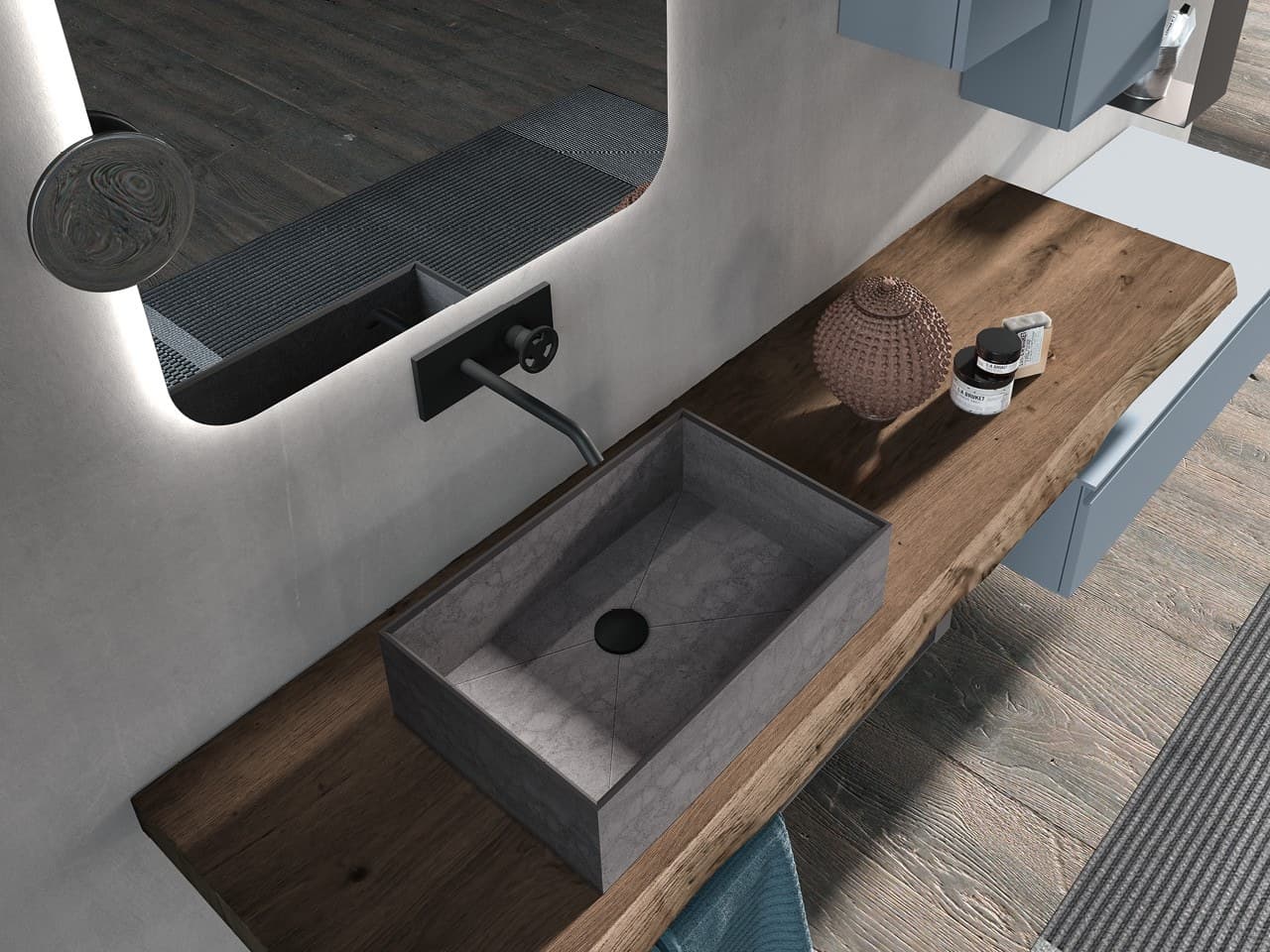 Azzurra Group
J&T 04
Sectional oak vanity unit with integrated washbasin