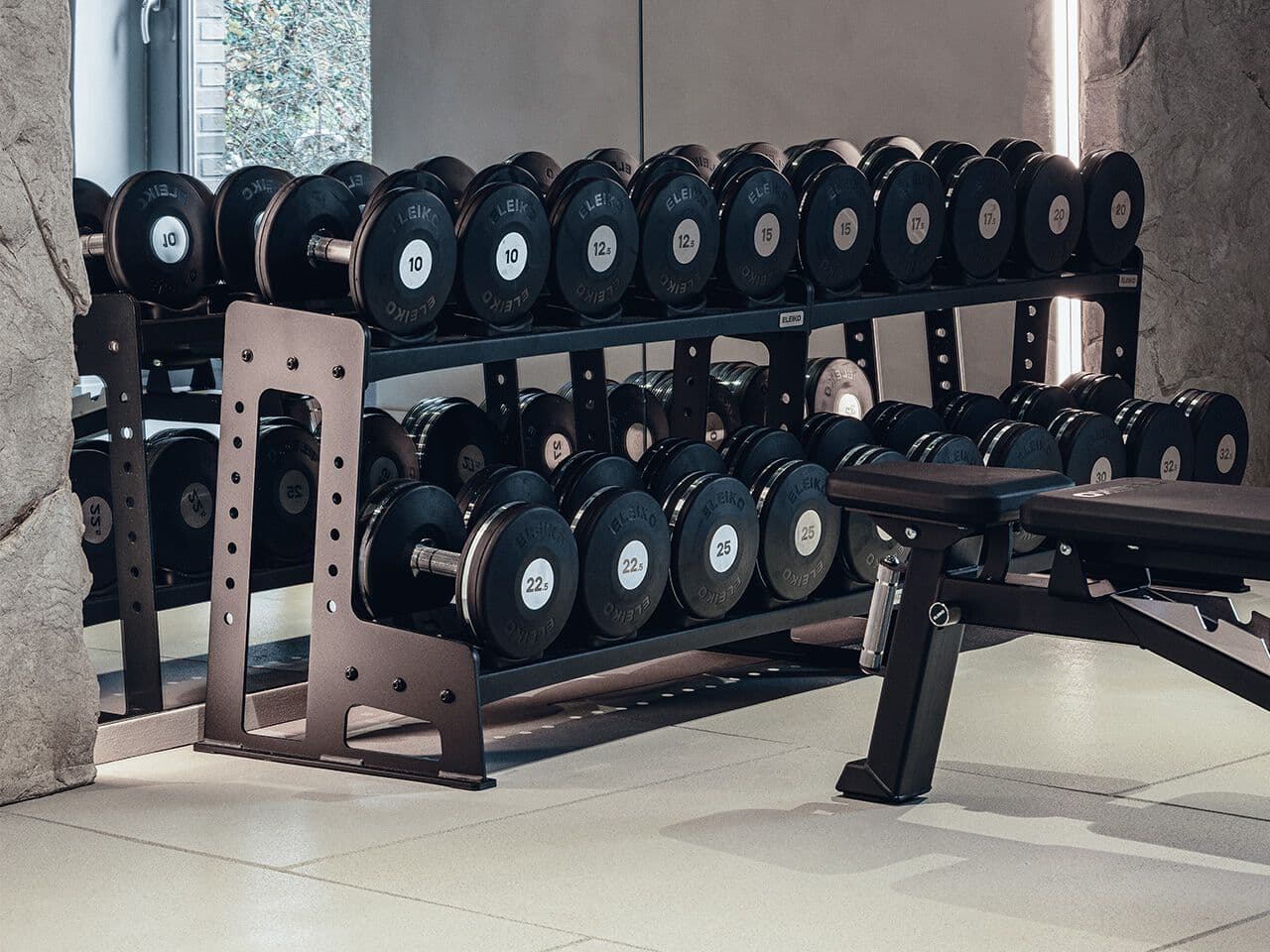 Eleiko
DUMBBELL RACK
Dumbbell rack with rubber saddles
