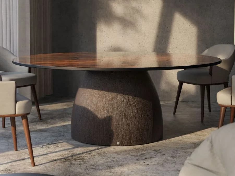 GANSK
BARREL
Round fiberglass table with walnut root top