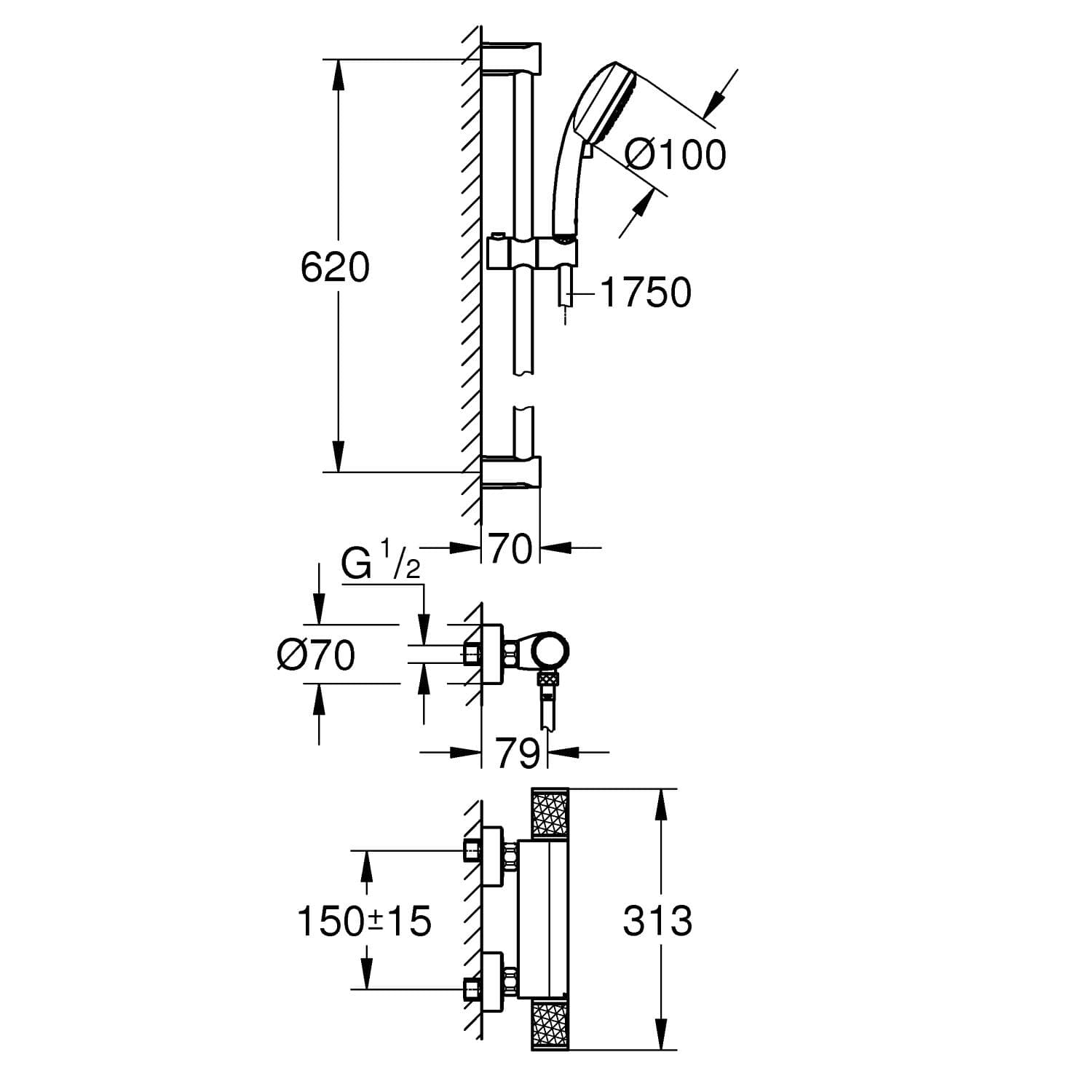 Grohe
GROHTHERM 1000 PERFORMANCE
Thermostatic brass shower set