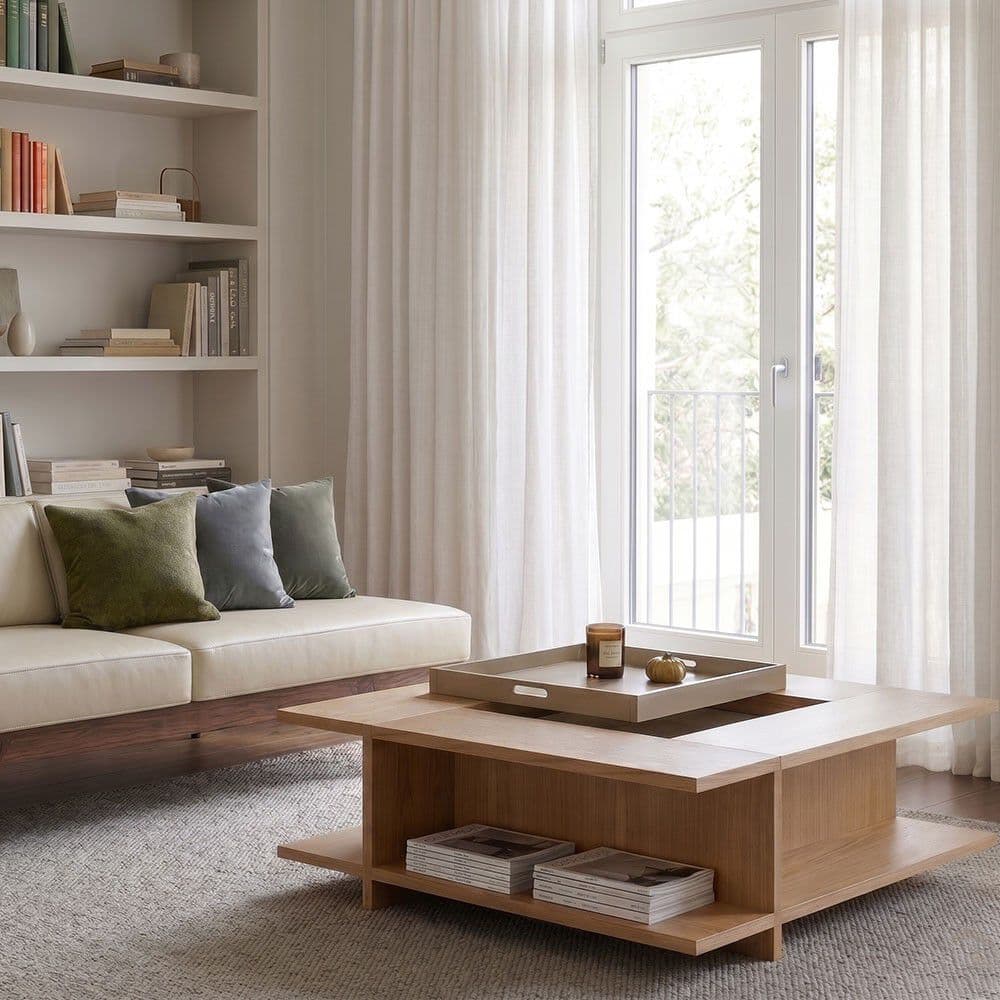 Morelato
BOOK
Square low cherry wood coffee table with integrated magazine rack