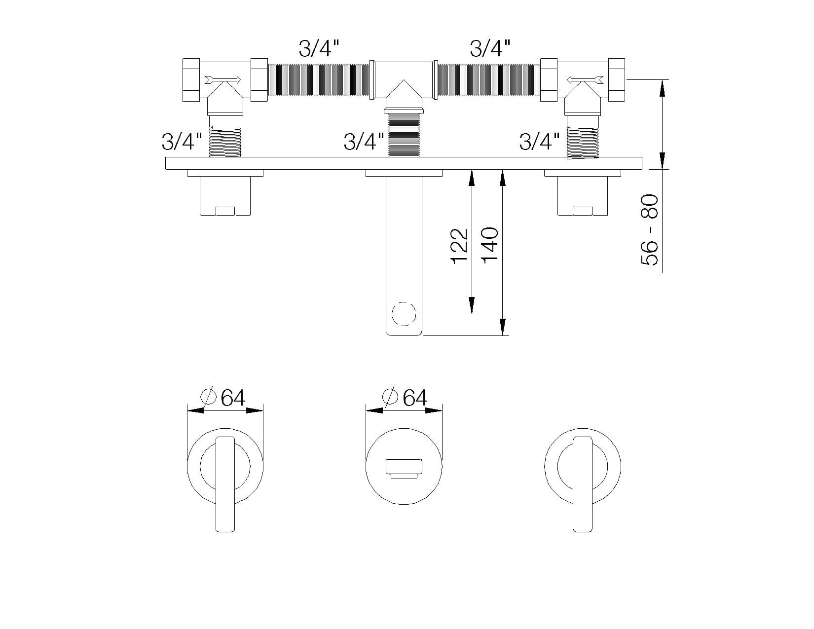 RVB
LINE
3 hole wall-mounted washbasin tap