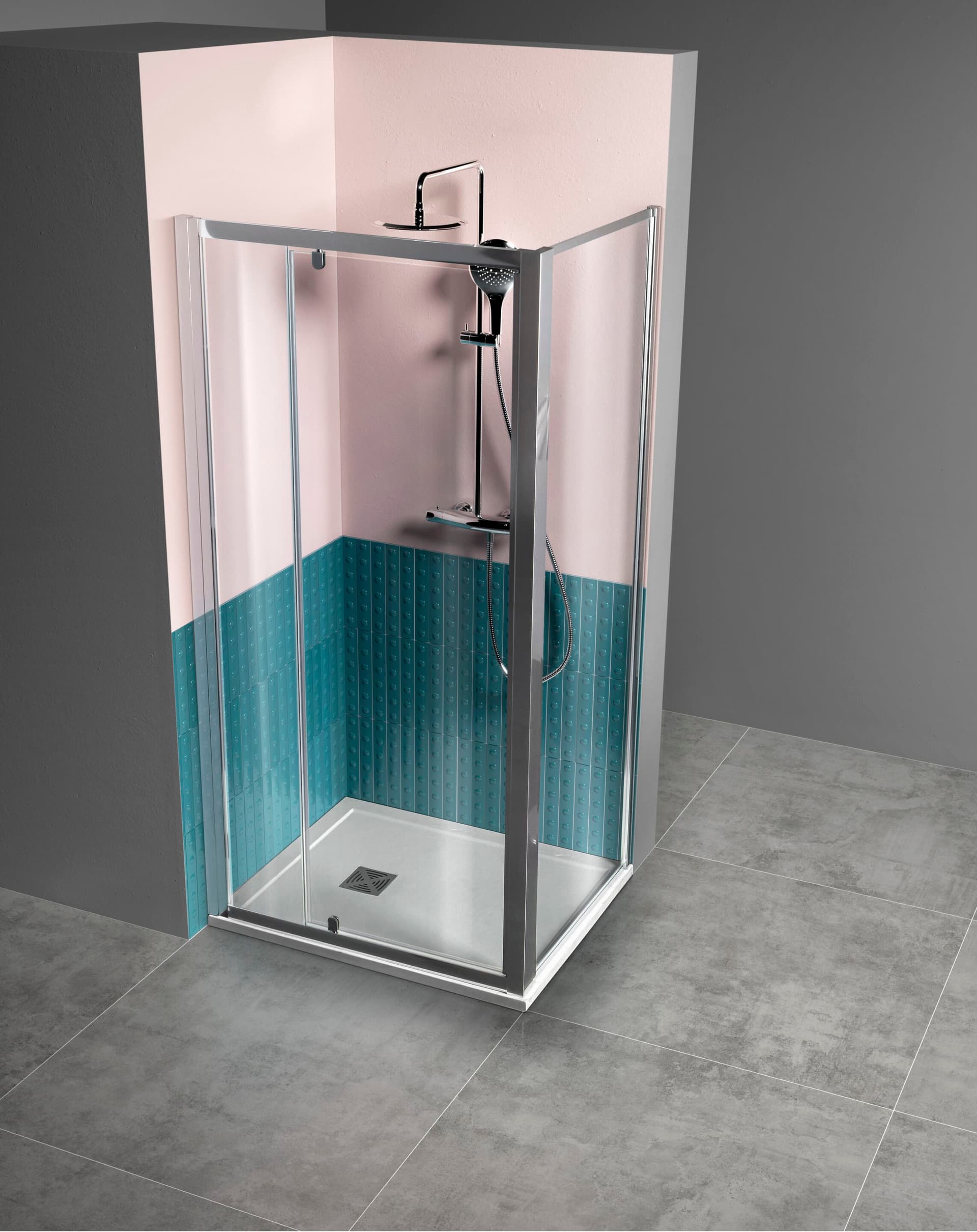 Tamanaco
FPB40
Corner glass and aluminium shower cabin with hinged door