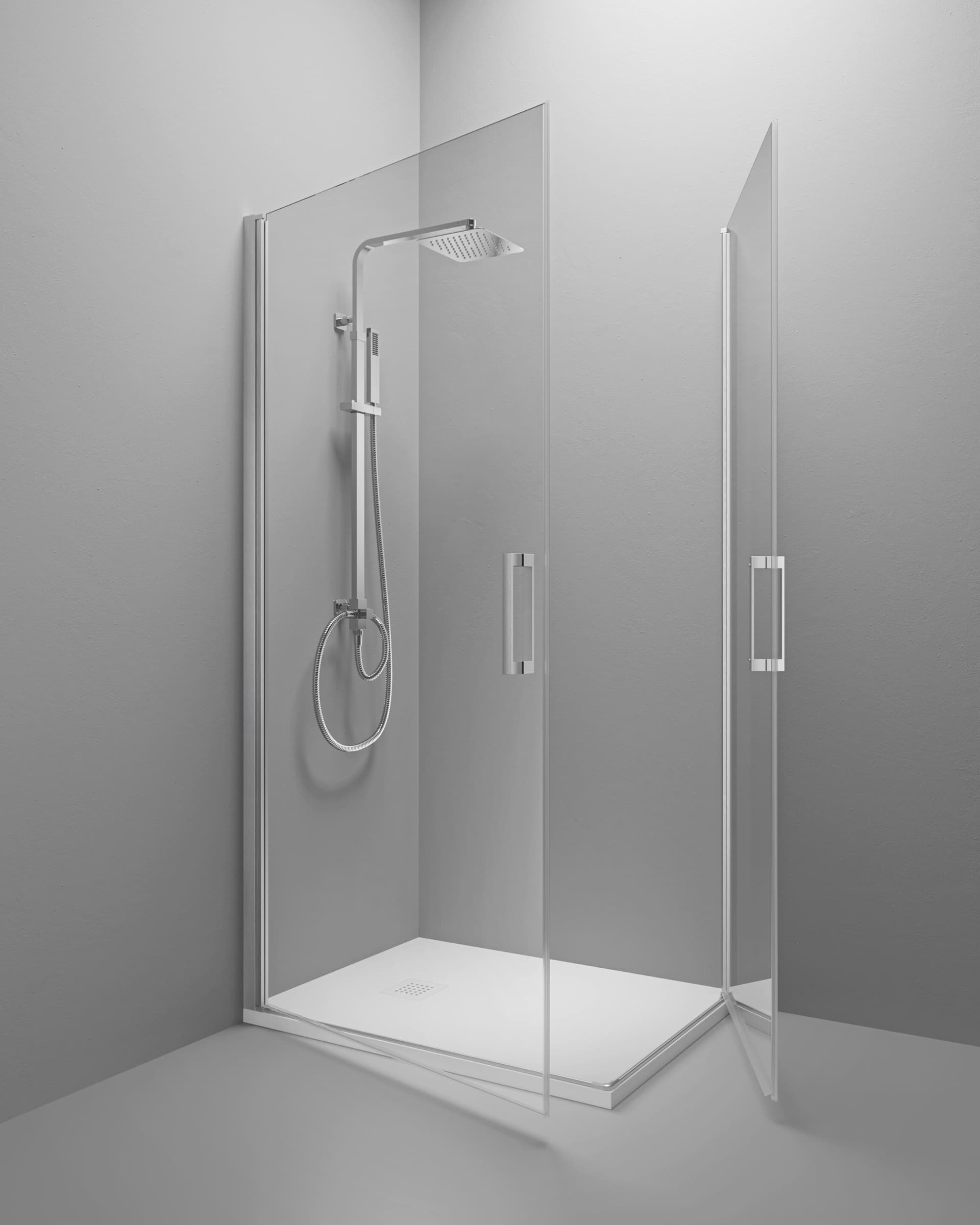 Tamanaco
SWING
Corner glass and aluminium shower cabin with hinged door